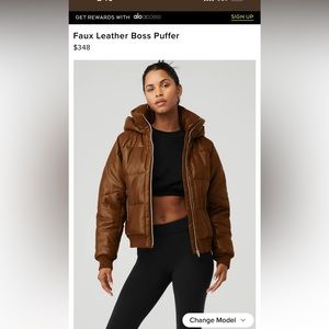 Alo yoga faux leather brown puffer jacket